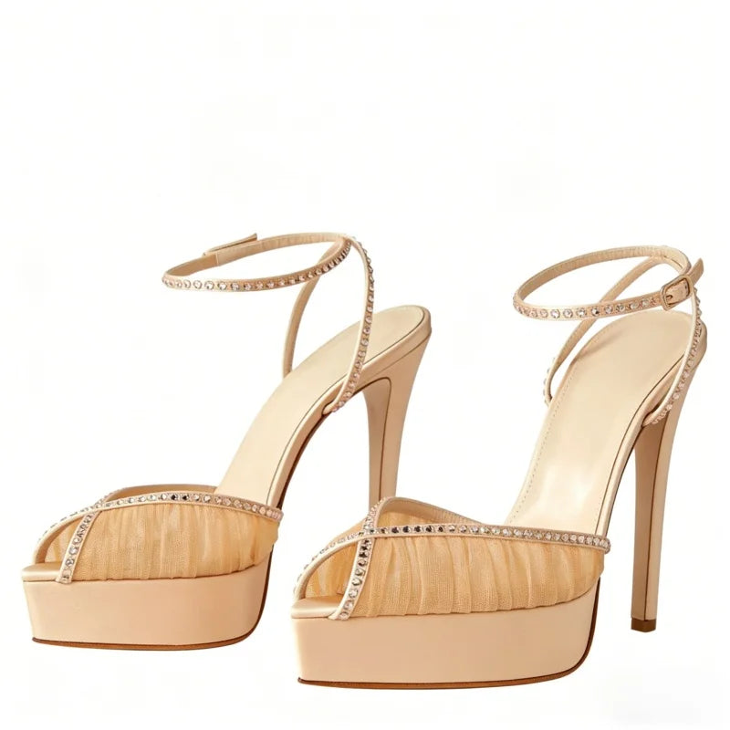 Arden Furtado white Mesh Pleated platform Wedding shoes Pointed toe Super high heel Crystal One word buckle Sandals