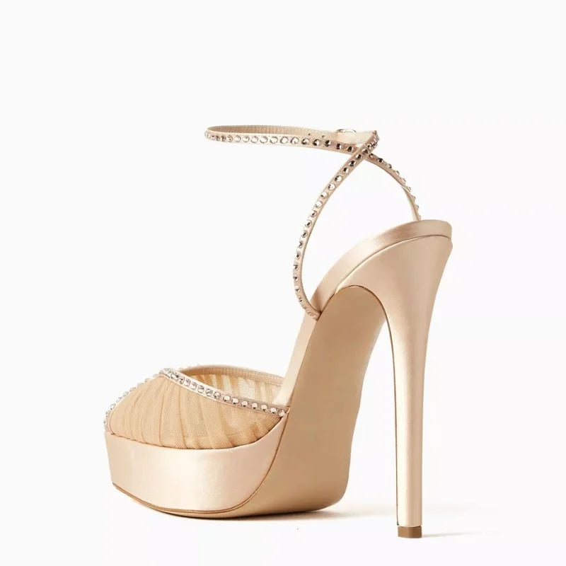 Arden Furtado white Mesh Pleated platform Wedding shoes Pointed toe Super high heel Crystal One word buckle Sandals
