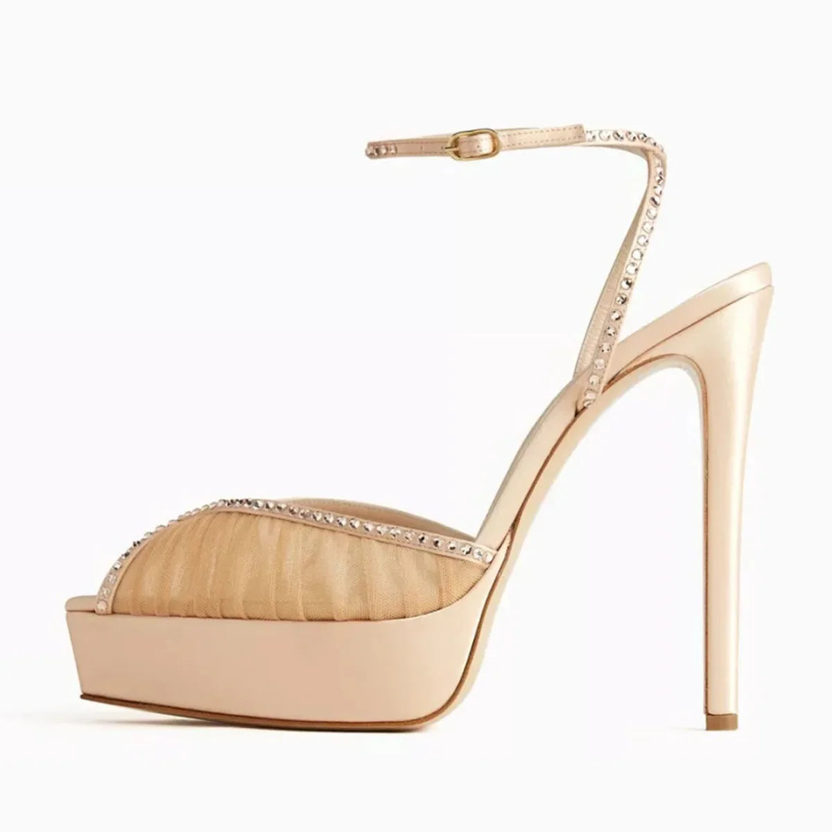 Arden Furtado white Mesh Pleated platform Wedding shoes Pointed toe Super high heel Crystal One word buckle Sandals