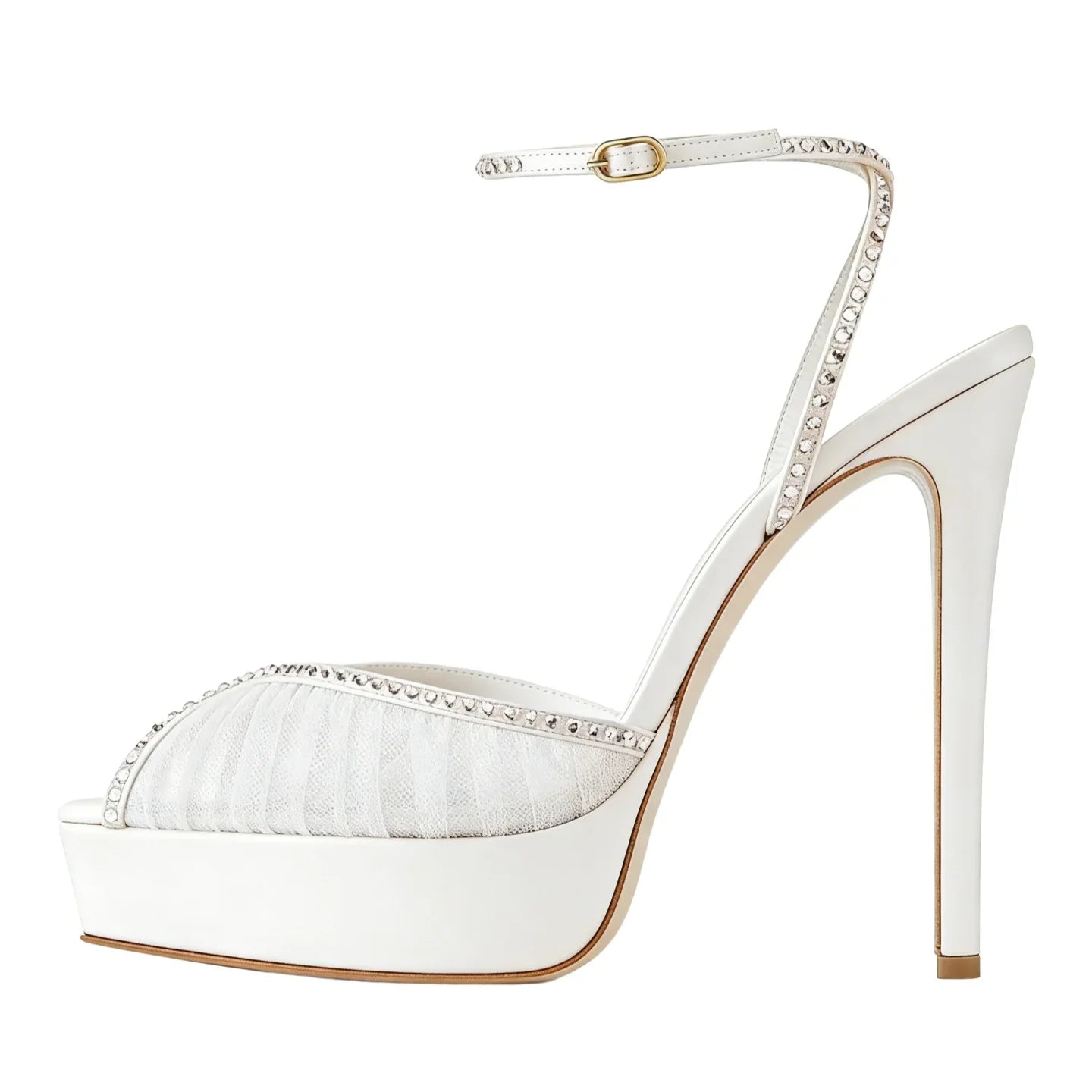 Arden Furtado white Mesh Pleated platform Wedding shoes Pointed toe Super high heel Crystal One word buckle Sandals