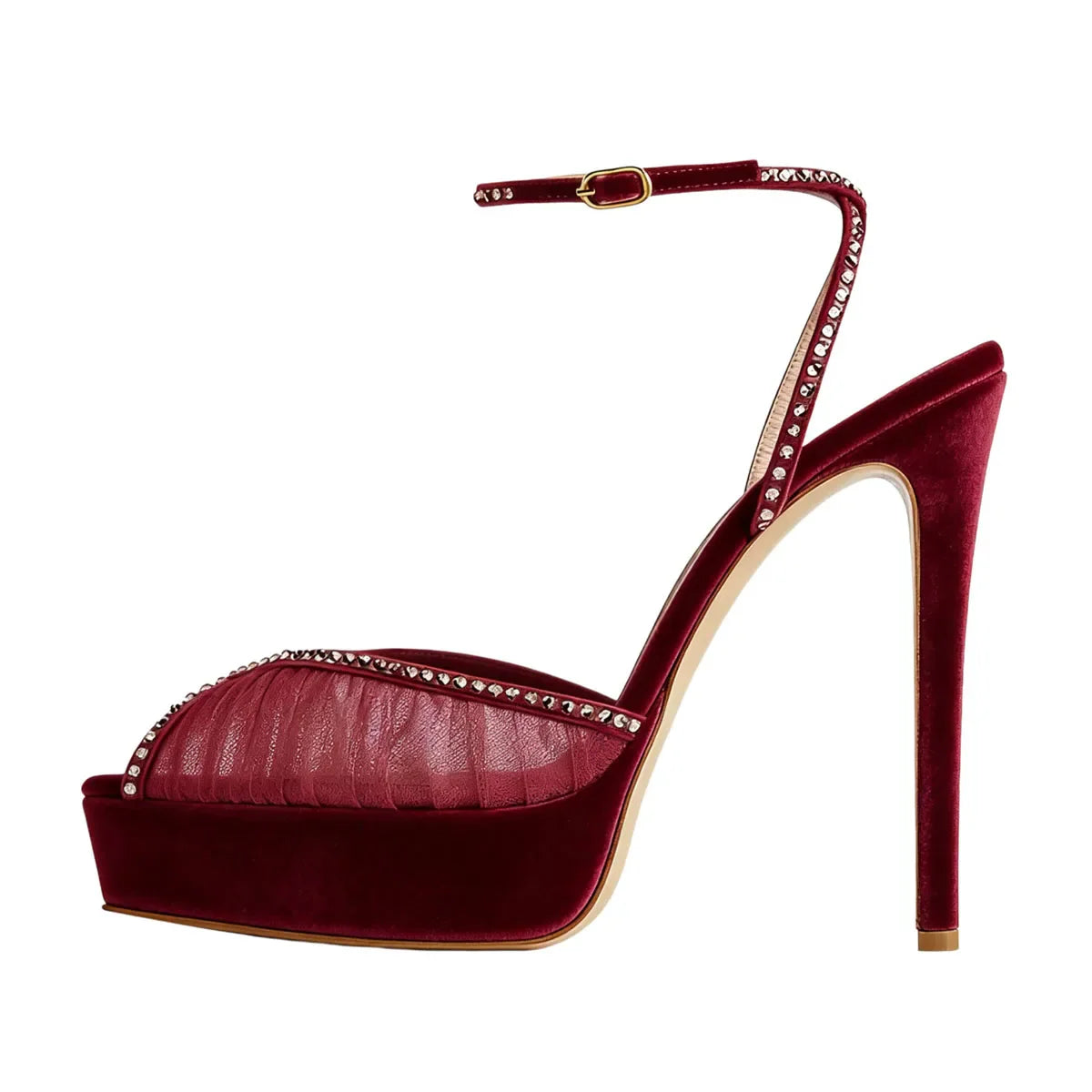 Arden Furtado white Mesh Pleated platform Wedding shoes Pointed toe Super high heel Crystal One word buckle Sandals