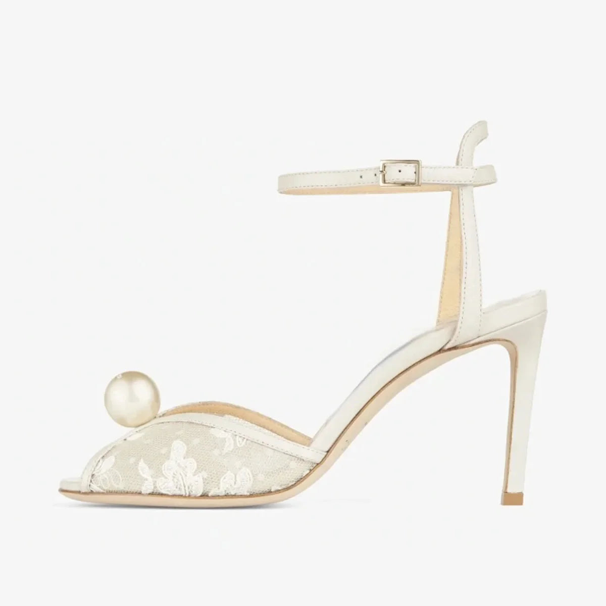 Arden Furtado white Mesh pearl Banquet Shoes Round toe Stilettos heels One word buckle Sandals large size lace Sandals