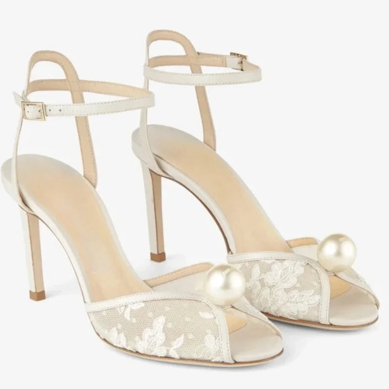 Arden Furtado white Mesh pearl Banquet Shoes Round toe Stilettos heels One word buckle Sandals large size lace Sandals