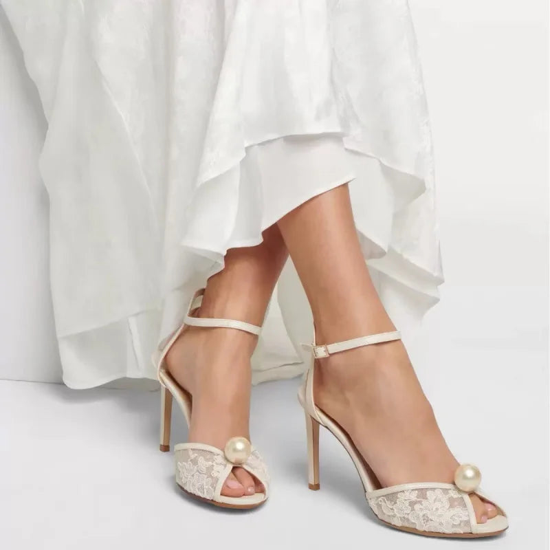 Arden Furtado white Mesh pearl Banquet Shoes Round toe Stilettos heels One word buckle Sandals large size lace Sandals