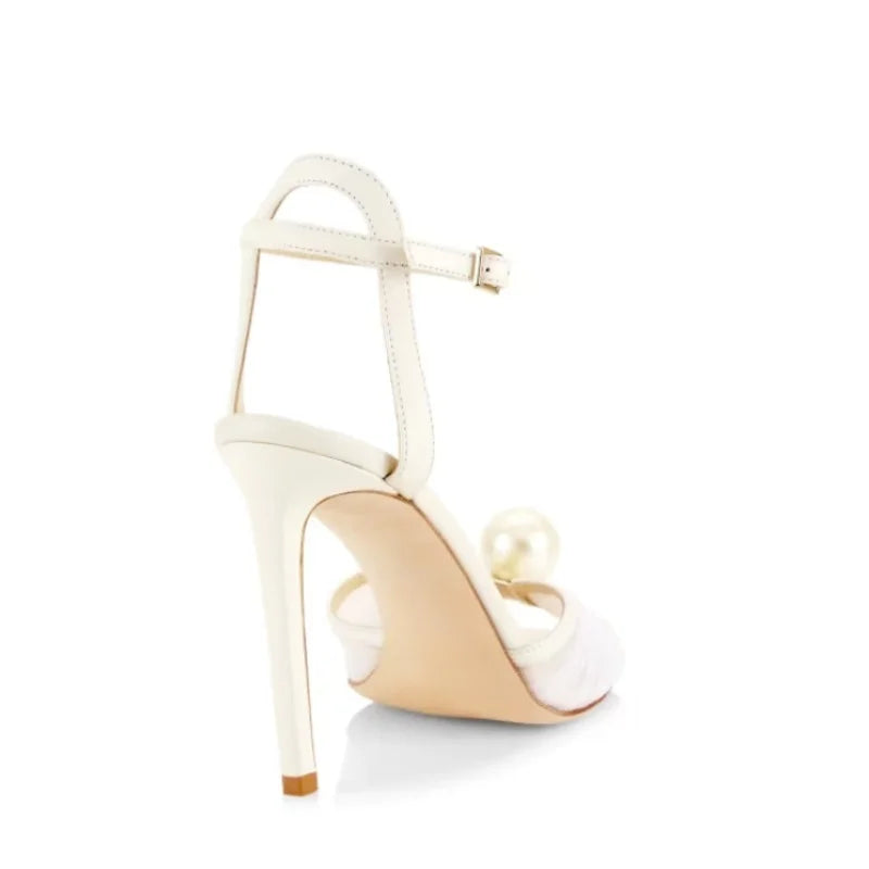Arden Furtado white Mesh pearl Wedding shoes Round toe Super high heel One word buckle Sandals large size Sandals