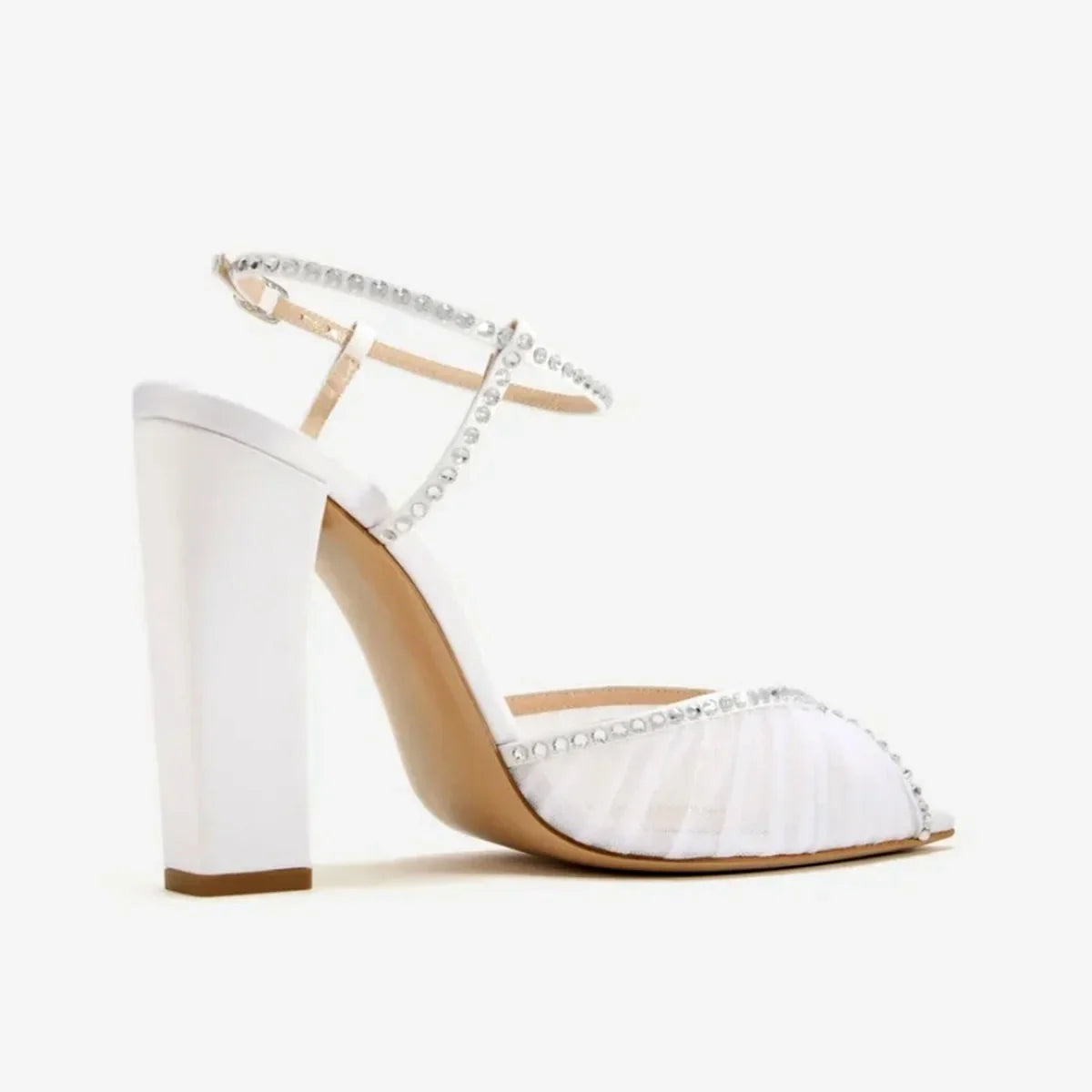 Arden Furtado white mesh Peep toe shoes Pointed toe Super high heel Crystal One word buckle sandals Wedding shoes