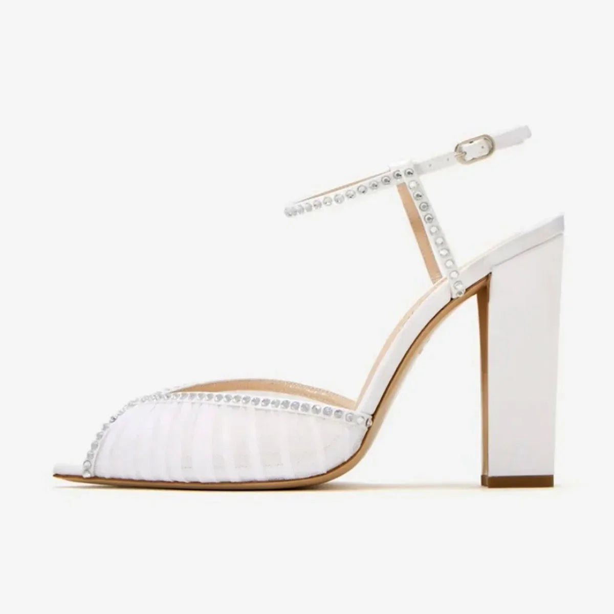 Arden Furtado white mesh Peep toe shoes Pointed toe Super high heel Crystal One word buckle sandals Wedding shoes