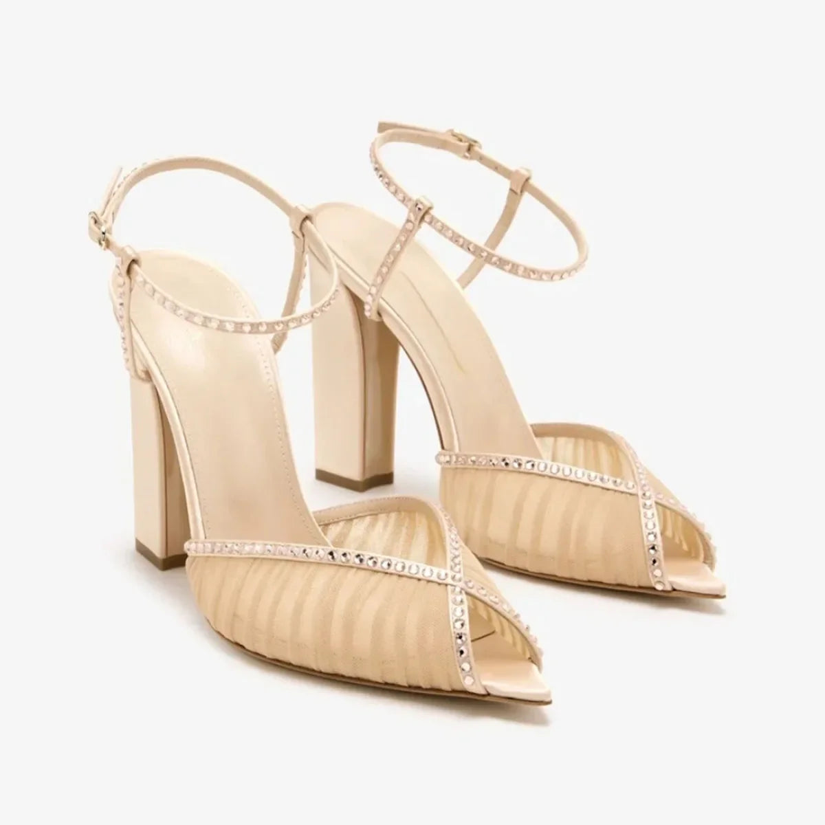 Arden Furtado white mesh Peep toe shoes Pointed toe Super high heel Crystal One word buckle sandals Wedding shoes