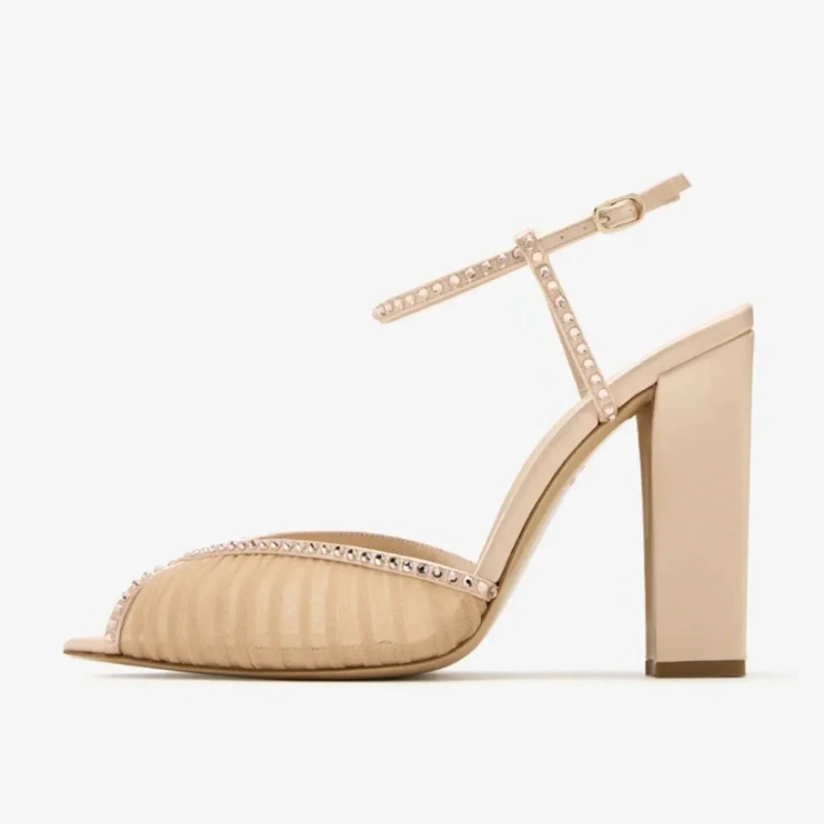Arden Furtado white mesh Peep toe shoes Pointed toe Super high heel Crystal One word buckle sandals Wedding shoes