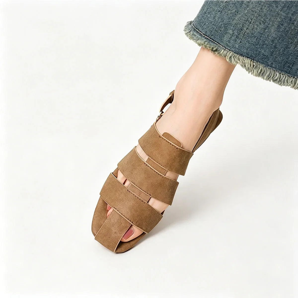 Arden Furtado yellow brown cowhide Roman sandals Square toe Hollow Flat Sandals Casual beach sandals Extra large size