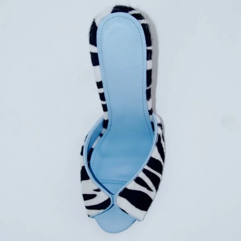 Arden Furtado zebra-stripe Peep toe Slippers Round toe pull-on Stilettos heels Sexy Word slippers horsehair Mules