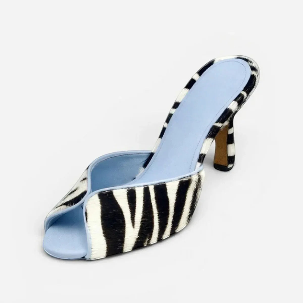 Arden Furtado zebra-stripe Peep toe Slippers Round toe pull-on Stilettos heels Sexy Word slippers horsehair Mules