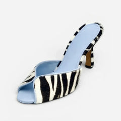 Arden Furtado zebra-stripe Peep toe Slippers Round toe pull-on Stilettos heels Sexy Word slippers horsehair Mules