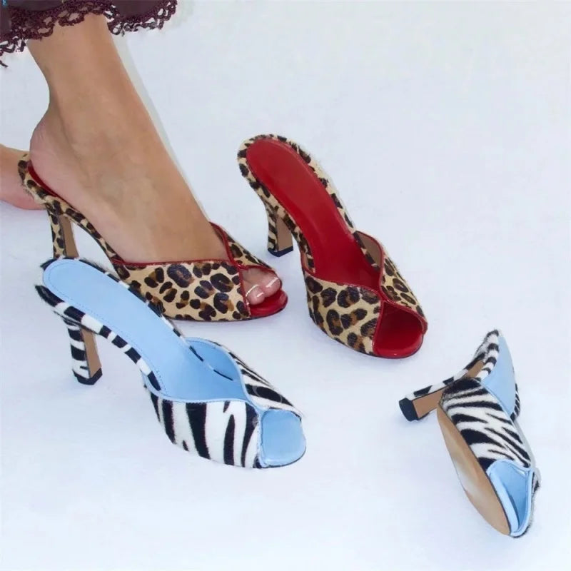 Arden Furtado zebra-stripe Peep toe Slippers Round toe pull-on Stilettos heels Sexy Word slippers horsehair Mules