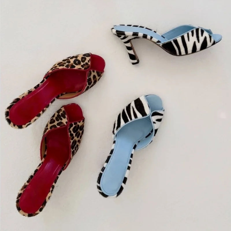Arden Furtado zebra-stripe Peep toe Slippers Round toe pull-on Stilettos heels Sexy Word slippers horsehair Mules