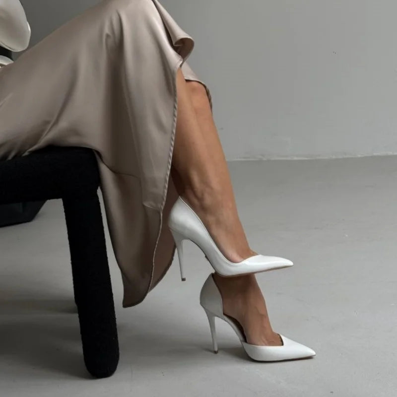 Arden Furtado White Patent Leather high-heeled shoes Wedding shoes Pointed toe Shallow Super high heel Office lady Single shoe