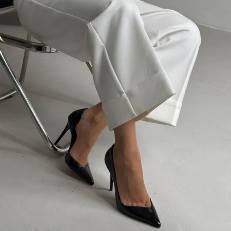 Arden Furtado White Patent Leather high-heeled shoes Wedding shoes Pointed toe Shallow Super high heel Office lady Single shoe
