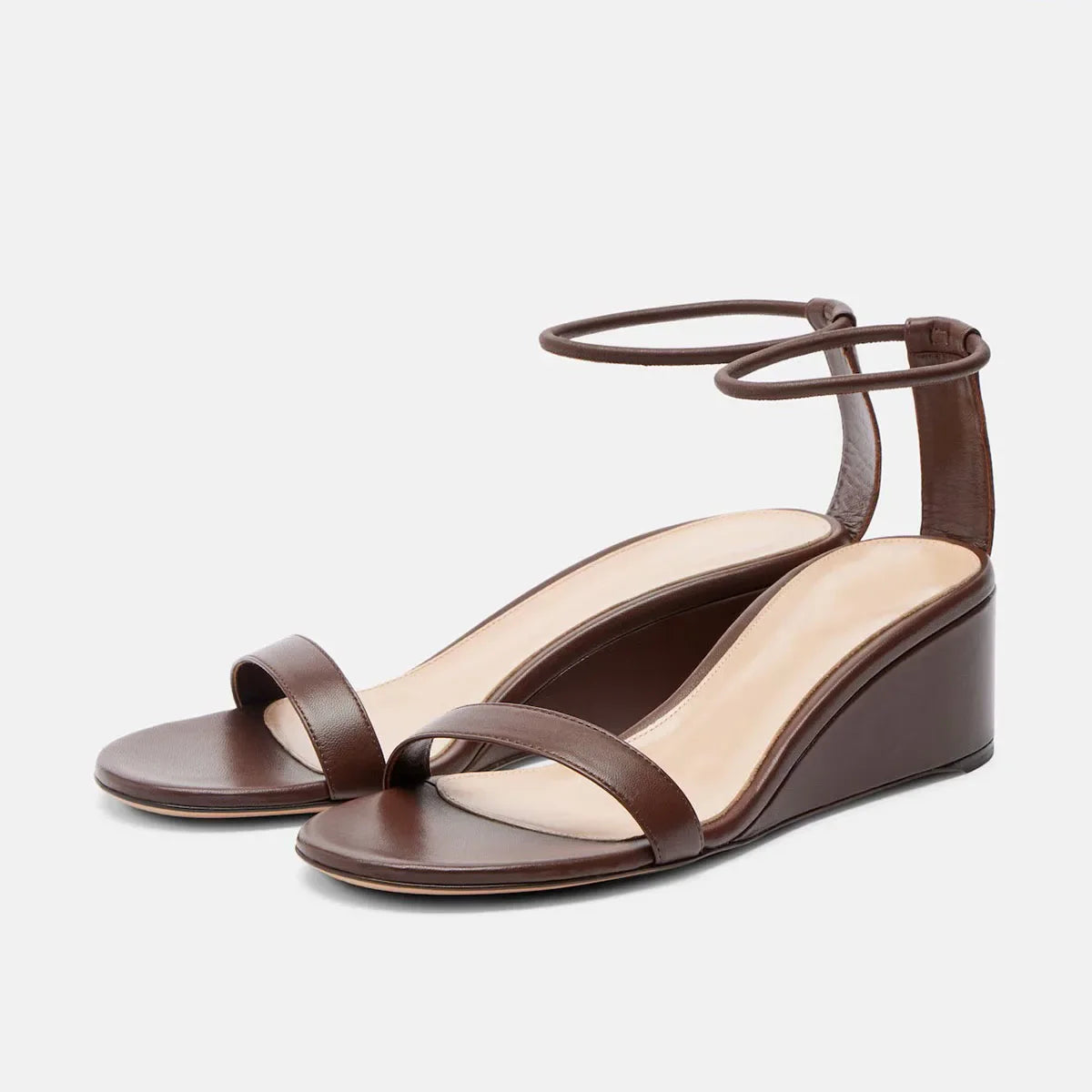 Arden Furtado Dark Brown Cowhide Wedge Sandals round Toe Open Toe Middle Heel One-word BStyle