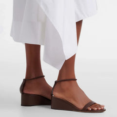 Arden Furtado Dark Brown Cowhide Wedge Sandals round Toe Open Toe Middle Heel One-word BStyle