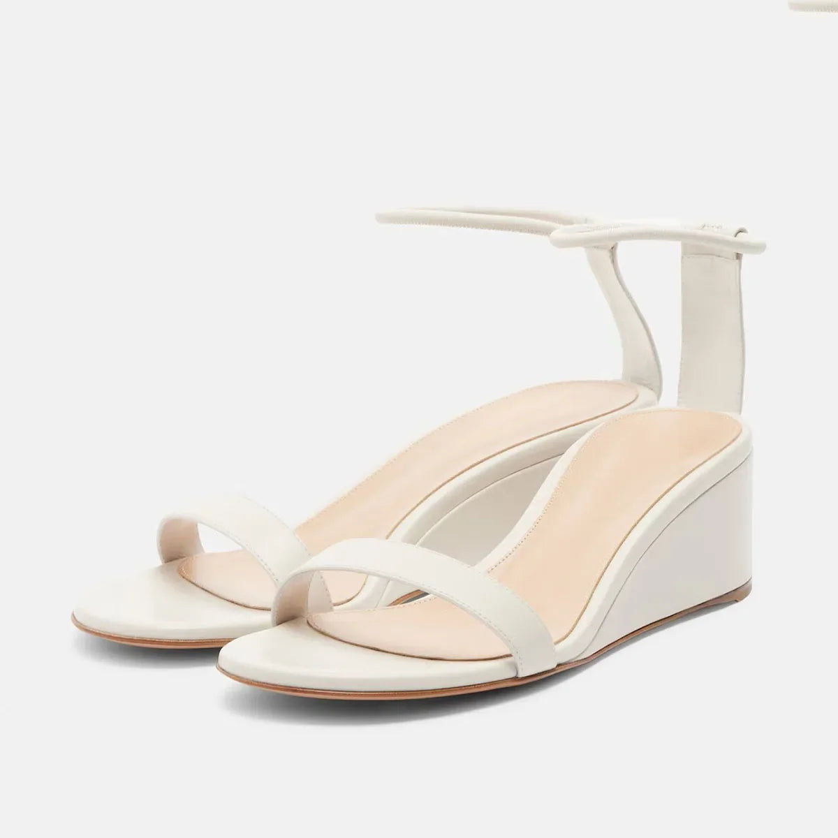 Arden Furtado Dark Brown Cowhide Wedge Sandals round Toe Open Toe Middle Heel One-word BStyle