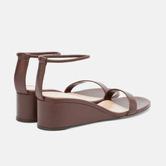 Arden Furtado Dark Brown Cowhide Wedge Sandals round Toe Open Toe Middle Heel One-word BStyle