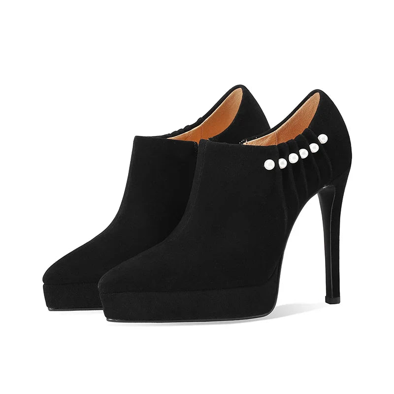 Arden Furtado Sheep Suede Pointed Toe Platform Pumps with Side Zipper Pearl Detail Super High Heel Sexy Thin Heel