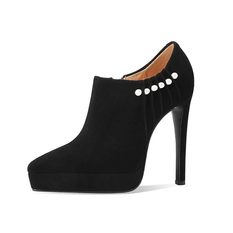 Arden Furtado Sheep Suede Pointed Toe Platform Pumps with Side Zipper Pearl Detail Super High Heel Sexy Thin Heel