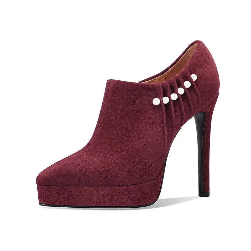 Arden Furtado Sheep Suede Pointed Toe Platform Pumps with Side Zipper Pearl Detail Super High Heel Sexy Thin Heel
