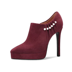 Arden Furtado Sheep Suede Pointed Toe Platform Pumps with Side Zipper Pearl Detail Super High Heel Sexy Thin Heel