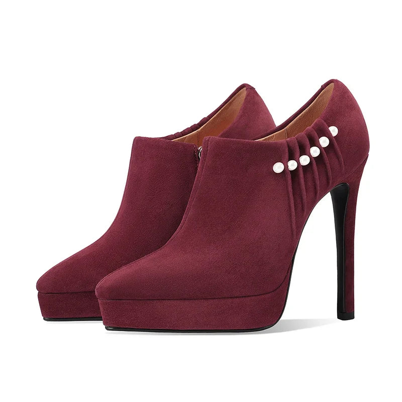 Arden Furtado Sheep Suede Pointed Toe Platform Pumps with Side Zipper Pearl Detail Super High Heel Sexy Thin Heel