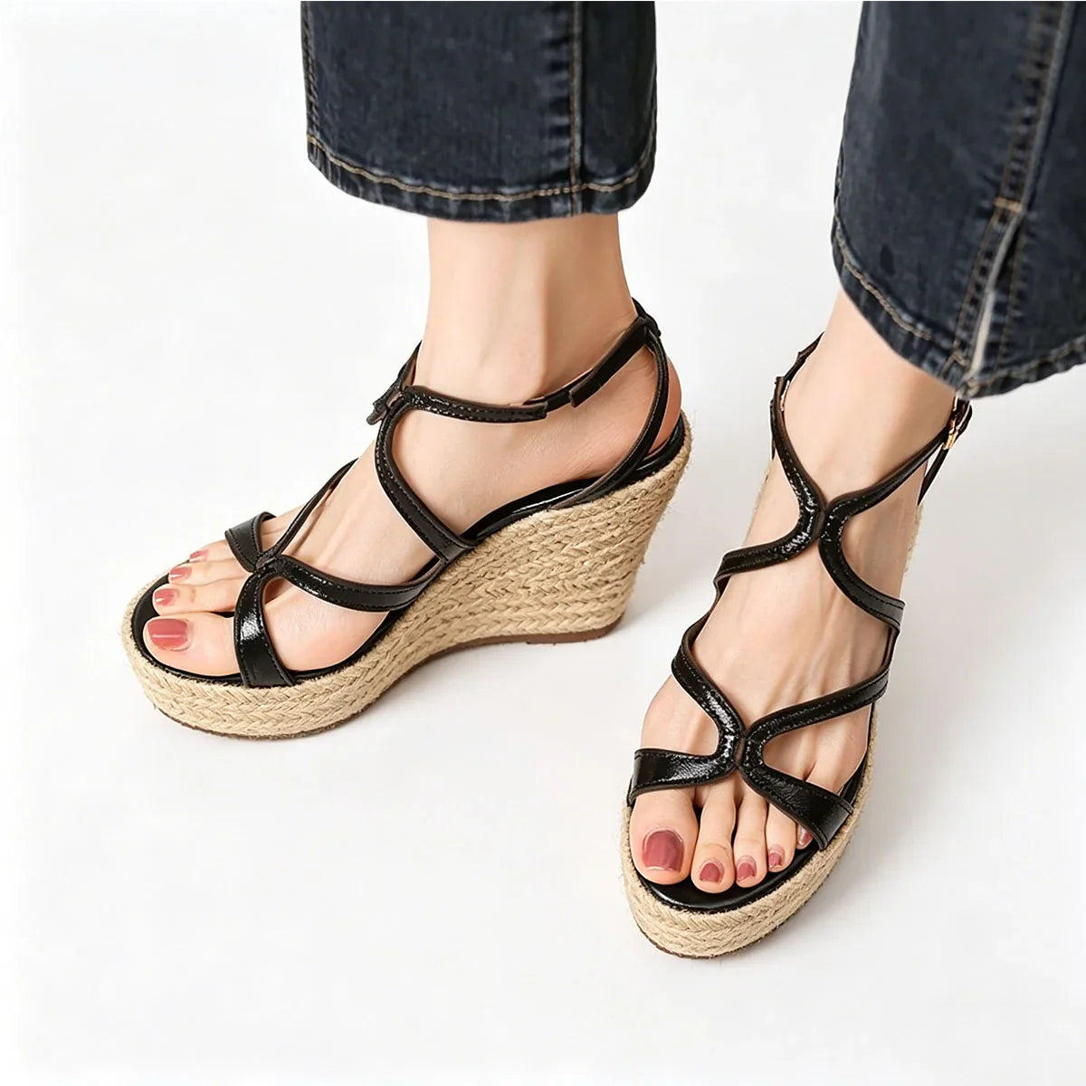 Arden Furtado Black Cowhide Straw Weaving Wedge Sandals round Toe Platform Super High Heel Buckle Sandals