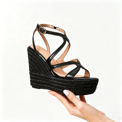 Arden Furtado Black Cowhide Straw Weaving Wedge Sandals round Toe Platform Super High Heel Buckle Sandals