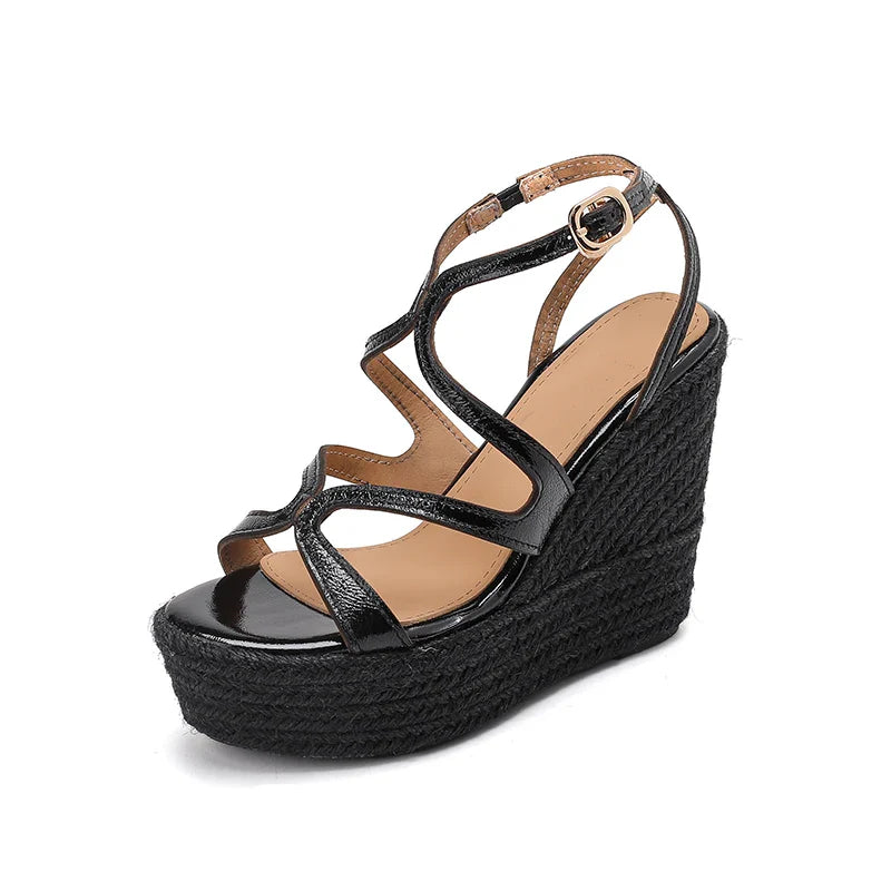 Arden Furtado Black Cowhide Straw Weaving Wedge Sandals round Toe Platform Super High Heel Buckle Sandals