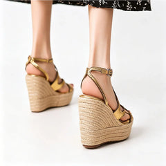 Arden Furtado Black Cowhide Straw Weaving Wedge Sandals round Toe Platform Super High Heel Buckle Sandals