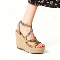 Arden Furtado Black Cowhide Straw Weaving Wedge Sandals round Toe Platform Super High Heel Buckle Sandals