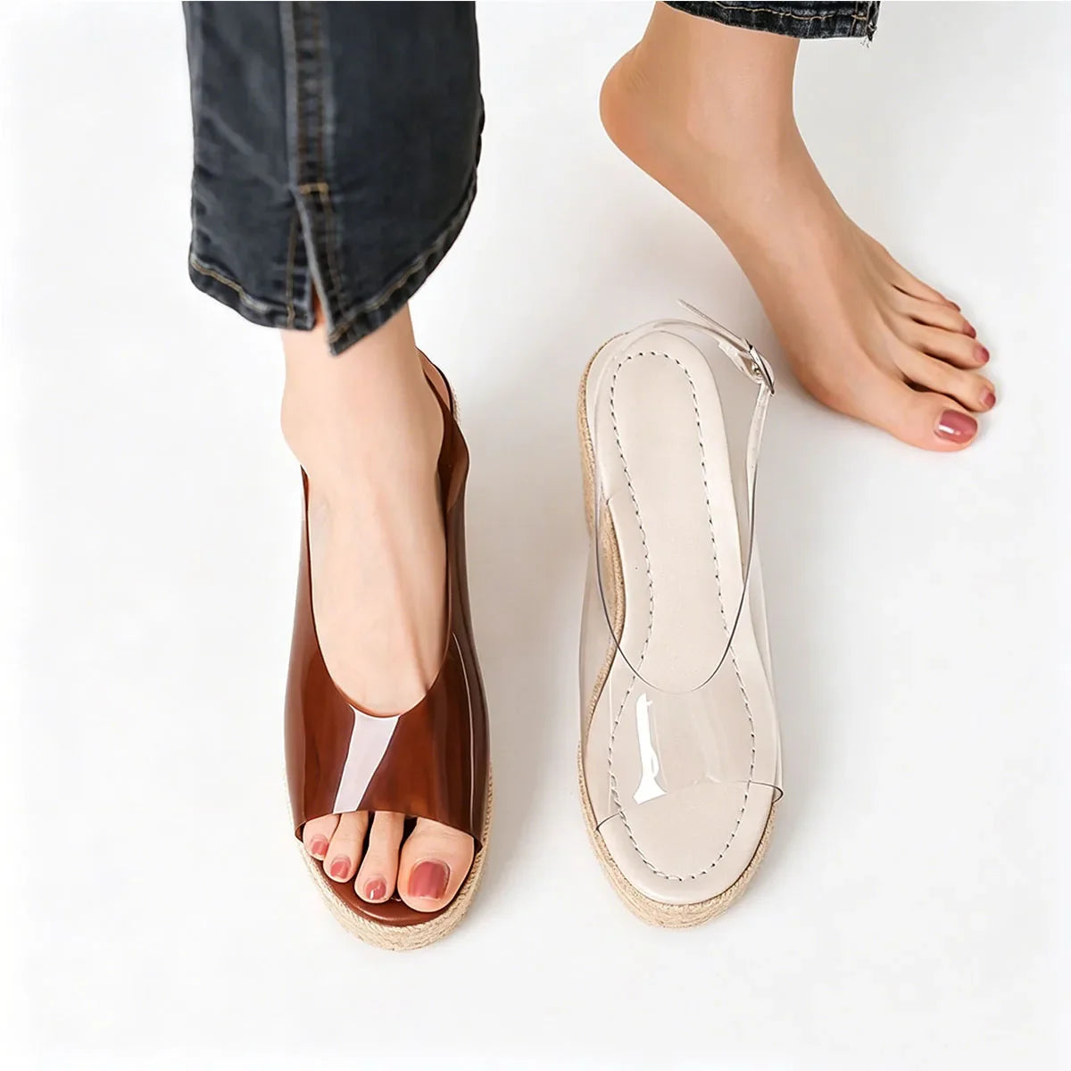Arden Furtado Peep Toe Shoes Dark Brown Transparent PVC Wedge Sandals round Toe Super High Heel Buckle Sandals