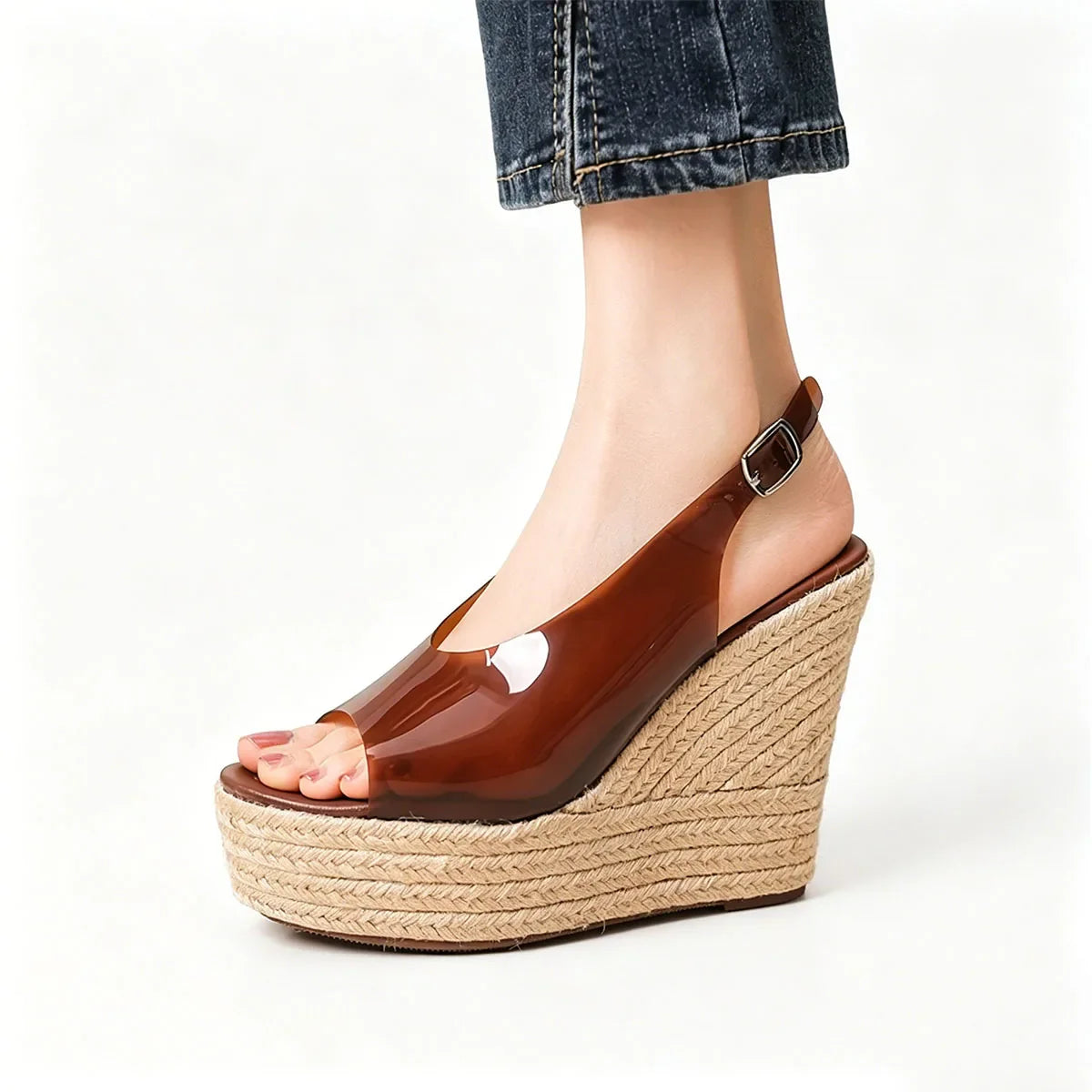 Arden Furtado Peep Toe Shoes Dark Brown Transparent PVC Wedge Sandals round Toe Super High Heel Buckle Sandals