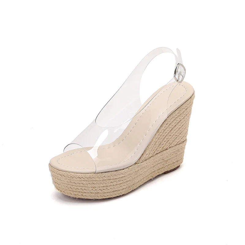 Arden Furtado Peep Toe Shoes Dark Brown Transparent PVC Wedge Sandals round Toe Super High Heel Buckle Sandals