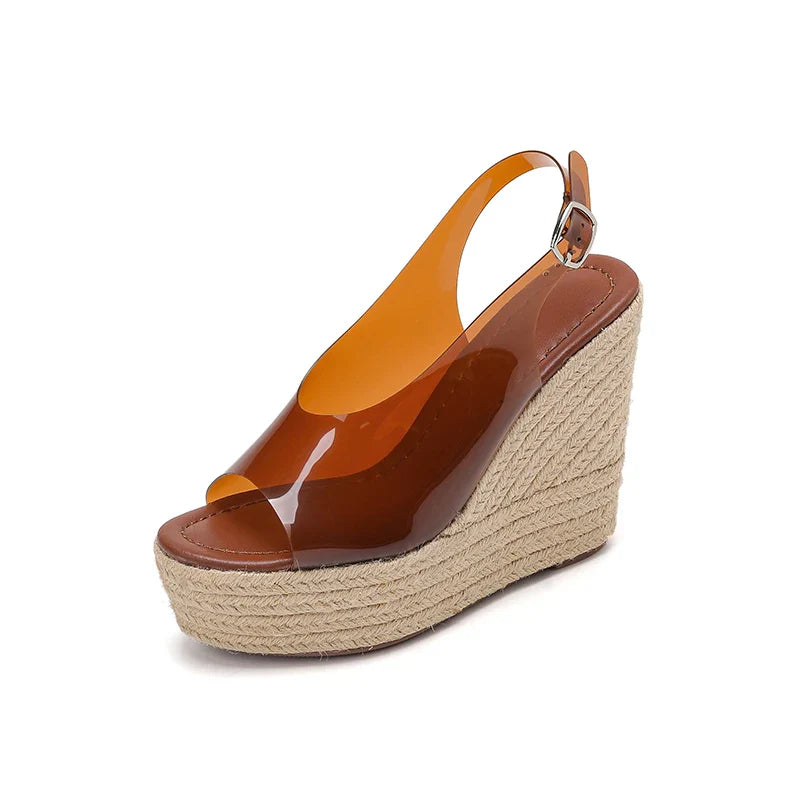 Arden Furtado Peep Toe Shoes Dark Brown Transparent PVC Wedge Sandals round Toe Super High Heel Buckle Sandals