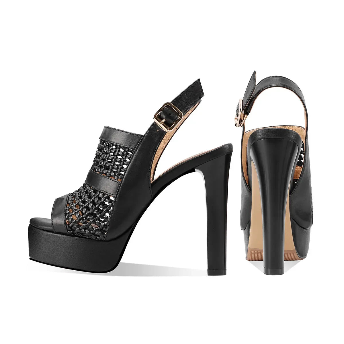 Arden Furtado Sandals Off-White Cowhide Weave Platform Peep Toe round Toe Super High Heel Hollow Buckle
