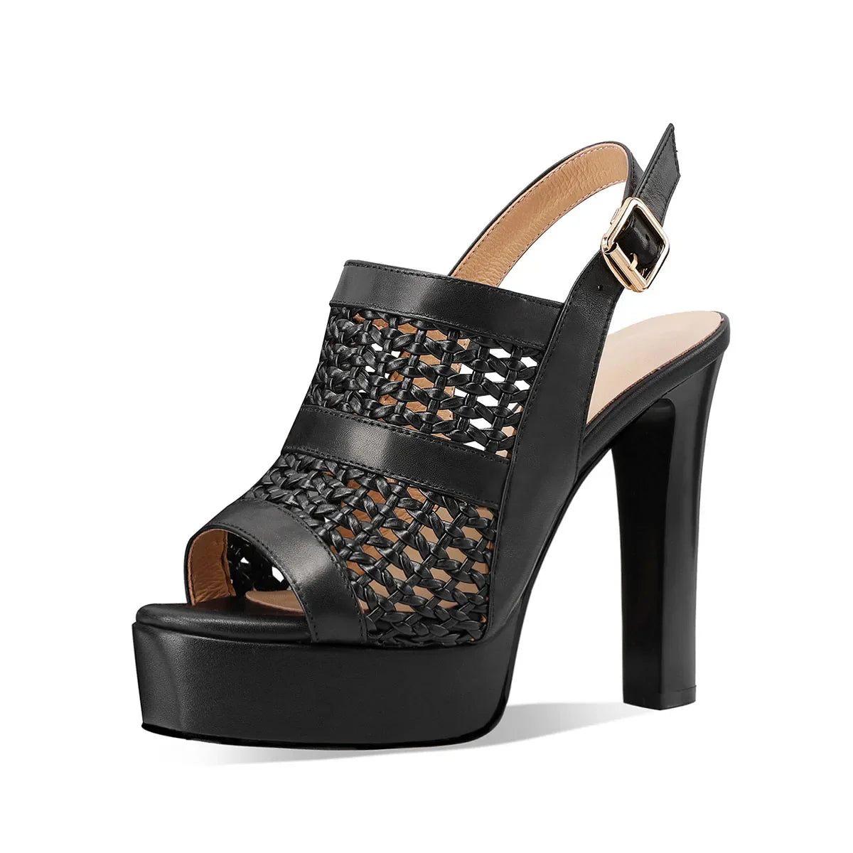 Arden Furtado Sandals Off-White Cowhide Weave Platform Peep Toe round Toe Super High Heel Hollow Buckle