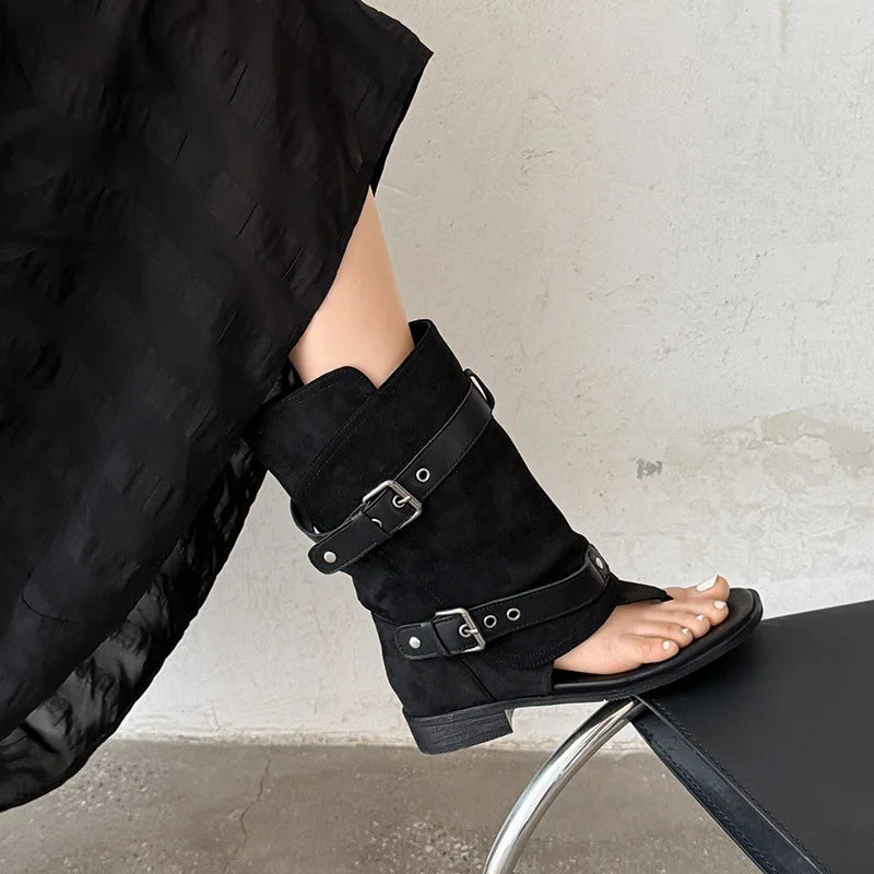 Arden Furtado Suede Pinch Toe Large Tubular Boots round Toe Belt Buckle Pull-On Low Heel Short Cool Boots