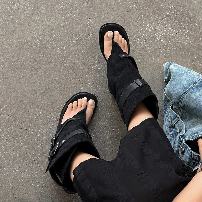 Arden Furtado Suede Pinch Toe Large Tubular Boots round Toe Belt Buckle Pull-On Low Heel Short Cool Boots