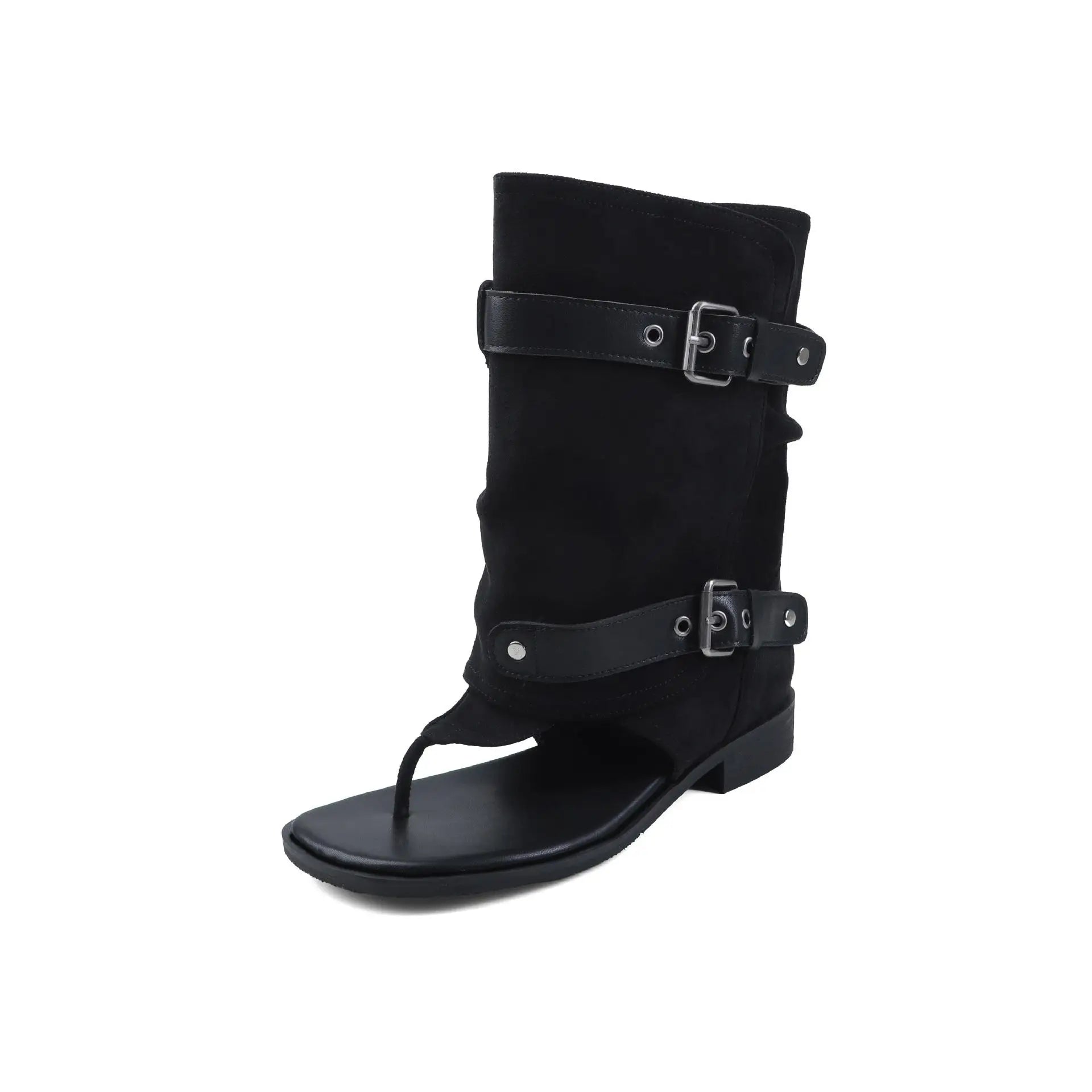 Arden Furtado Suede Pinch Toe Large Tubular Boots round Toe Belt Buckle Pull-On Low Heel Short Cool Boots