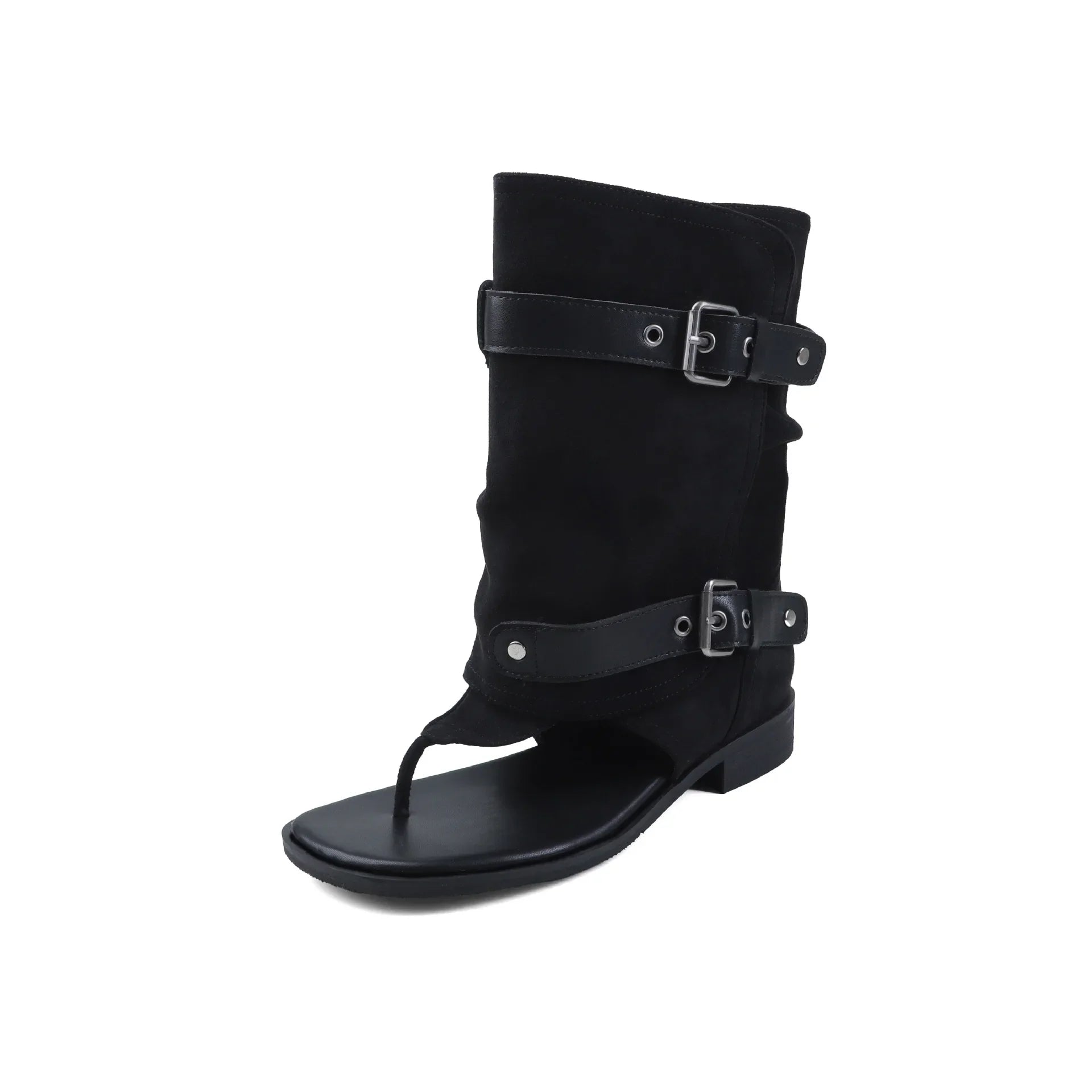 Arden Furtado Suede Pinch Toe Large Tubular Boots round Toe Belt Buckle Pull-On Low Heel Short Cool Boots