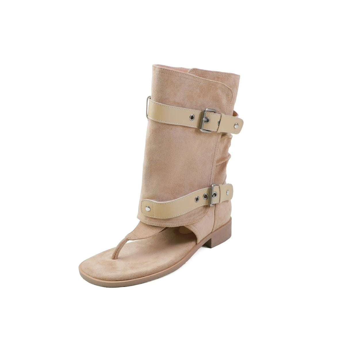 Arden Furtado Suede Pinch Toe Large Tubular Boots round Toe Belt Buckle Pull-On Low Heel Short Cool Boots
