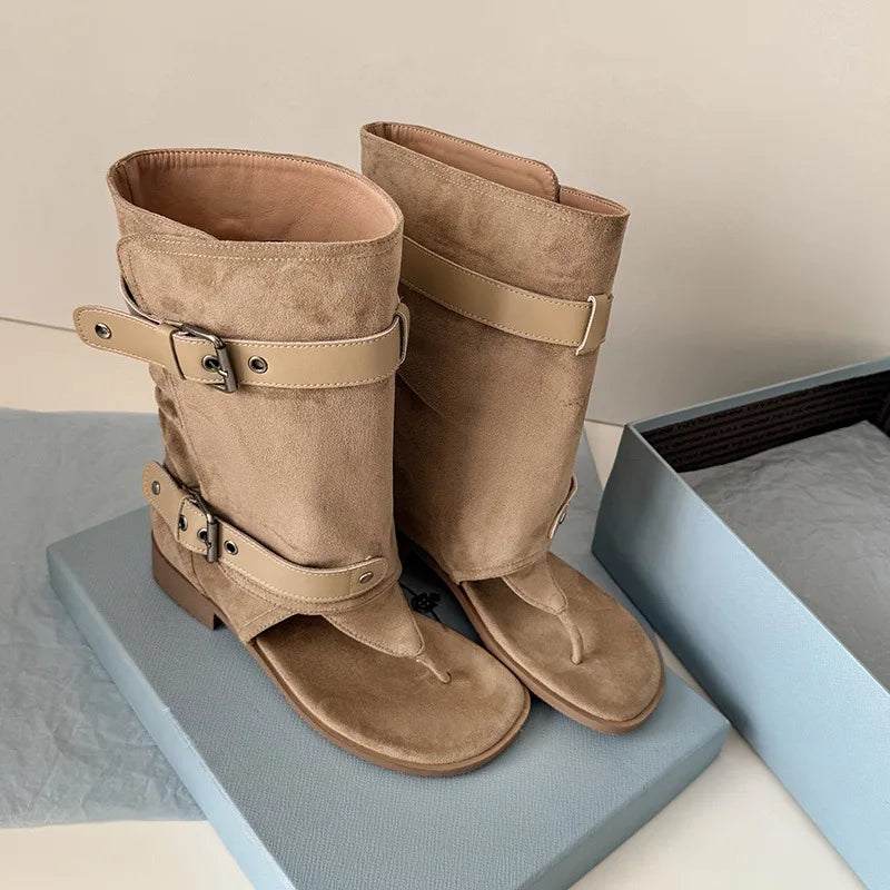 Arden Furtado Suede Pinch Toe Large Tubular Boots round Toe Belt Buckle Pull-On Low Heel Short Cool Boots