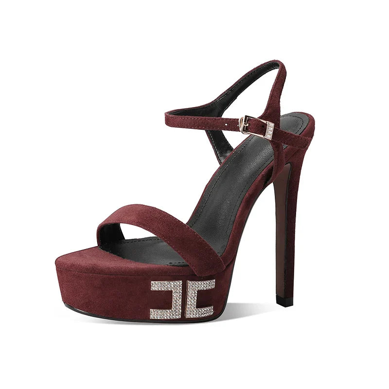 ArdenFurtado Pink Genuine Leather Suede Platform Crystal Banquet Shoes girl heel sandals Round Toe word-cingulate Sandals