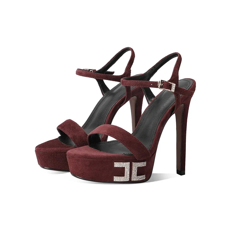 ArdenFurtado Pink Genuine Leather Suede Platform Crystal Banquet Shoes girl heel sandals Round Toe word-cingulate Sandals