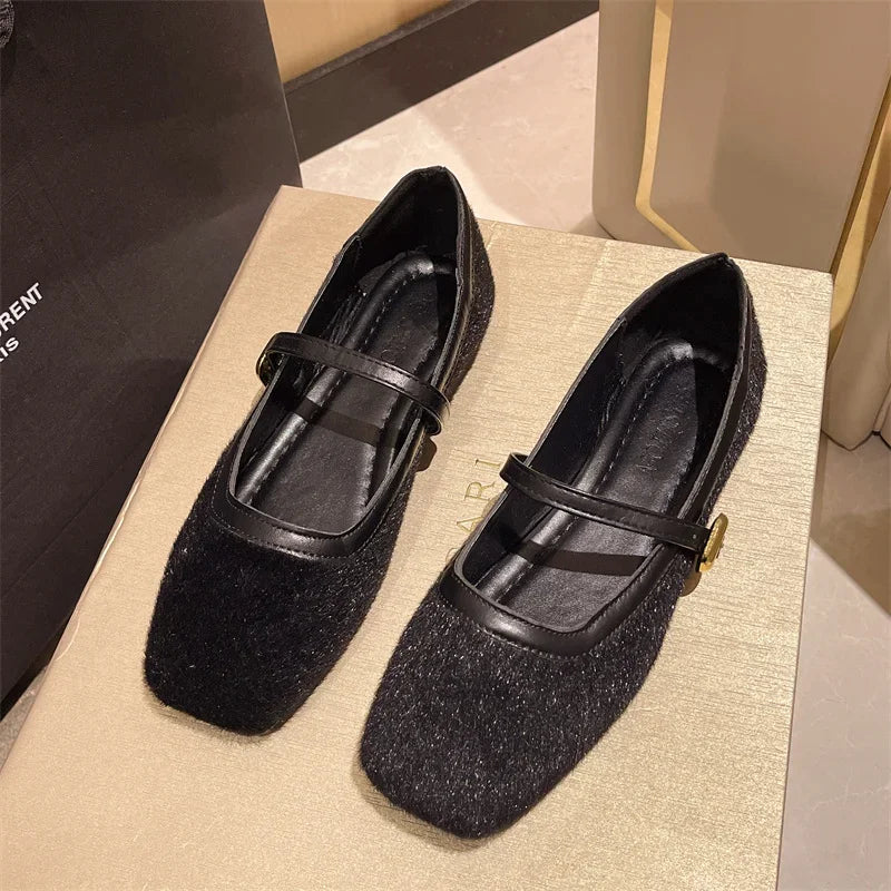 Autumn Square Head Flats Woman Velvet Matte Finish Single Comfort Loafers Shoes Leather Mary Jane Shoes